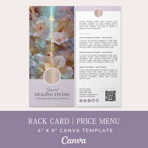 May include: A rack card and price menu template, 4" x 9", with a floral design and the text "Sacred Healing Studio". The card includes service descriptions and contact information. The template is designed in Canva.