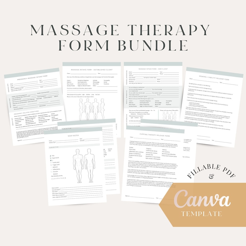K&ouml;nnte beinhalten: Ein Set druckbarer Massagetherapie-Formulare in einem Bundle. Die Formulare sind f&uuml;r die Verwendung mit Canva konzipiert und sind ausf&uuml;llbare PDFs. Die Formulare umfassen ein Schwangerschaftsaufnahmeformular, ein Massageaufnahmeformular f&uuml;r bestehende Kunden, ein Massageaufnahmeformular f&uuml;r Neukunden, ein allgemeines Haftungsfreistellungsformular, ein Schr&ouml;pftherapie-Freistellungsformular und ein SOAP-Notizformular. Alle Formulare sind in Schwarzwei&szlig; gehalten und zeichnen sich durch ein schlichtes, modernes Design aus.