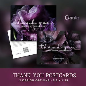 Cartão postal de agradecimento floral com inspiração vintage e temperamental, cartão postal editável do Canva, agradecimento ao cliente, cartão postal para impressão