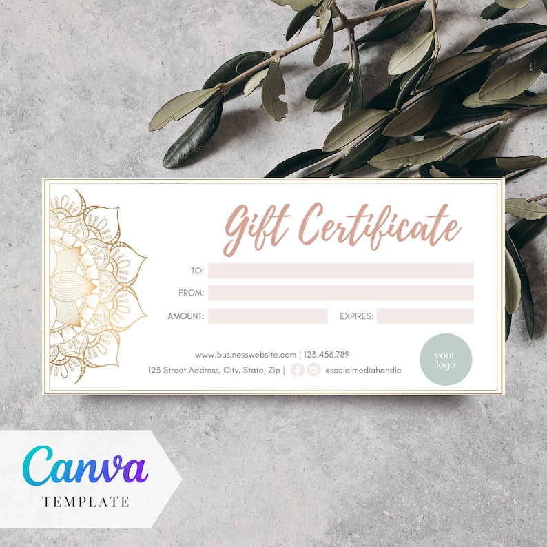 May include: A white gift certificate template with a gold mandala design on the left side. The text "Gift Certificate" is in pink cursive font. The template includes fields for "To", "From", "Amount", and "Expires". The bottom of the template includes a website address, phone number, and social media handle.