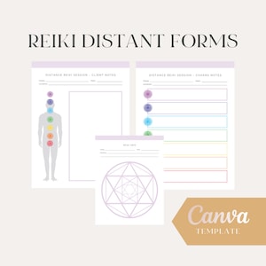 Könnte beinhalten: Druckbare Reiki-Fernbehandlungsformulare mit einem Chakra-Diagramm, einer menschlichen Figur mit sieben Chakren und einem Reiki-Gitter. Die Formulare enthalten Felder für den Namen des Klienten, den Ort und das Datum. Der Text "Canva-Vorlage" befindet sich am unteren Rand der Seite.