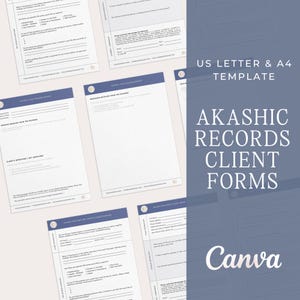 May include: A set of printable Akashic Records client forms in a blue and white color scheme. The forms are designed for use with Canva and are available in US Letter and A4 sizes. The text on the forms includes "Akashic Records Client Forms" and "Canva".