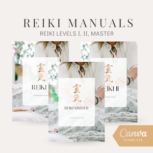 Op de afbeelding: Drie afdrukbare digitale sjablonen voor Reiki-handleidingen. De sjablonen hebben een lichtblauwe achtergrond met een gouden Japans karakter en de woorden "Reiki", "Reiki II" en "Reiki Master".