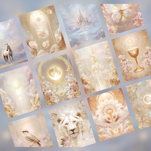 May include: A set of twelve art prints with ethereal, fantasy-themed illustrations. The prints depict a white horse, castles, a butterfly, a chalice, a lion, and floral arrangements, all in soft, pastel colours, creating a dreamy aesthetic.