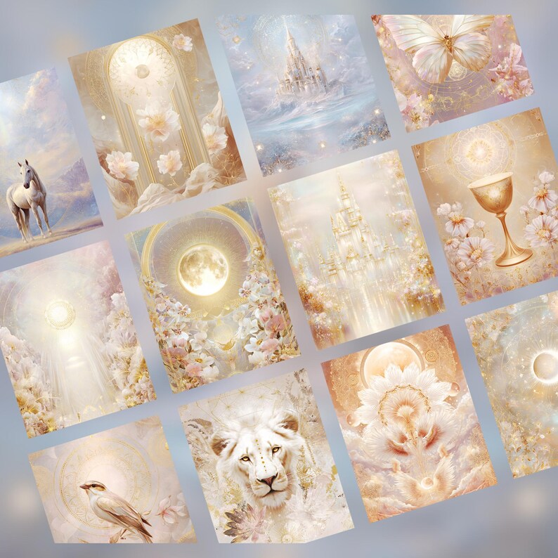 May include: A set of twelve art prints with ethereal, fantasy-themed illustrations. The prints depict a white horse, castles, a butterfly, a chalice, a lion, and floral arrangements, all in soft, pastel colours, creating a dreamy aesthetic.