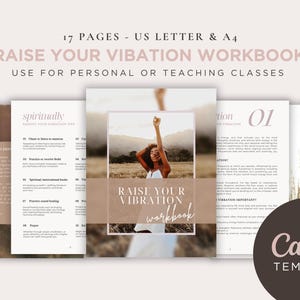 May include: A digital workbook template with a pink and brown color scheme. The cover features a woman with her arms raised in the air, standing in a field. The text on the cover reads "Raise Your Vibration Workbook".