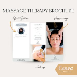 May include: A tri-fold brochure template for a massage therapy business. The brochure has a gray and white color scheme with a photo of a massage therapist on the left panel, contact information on the center panel, and a photo of a massage on the right panel. The text "Massage Therapy Brochure" is at the top of the brochure. The text "About Section" is on the left panel. The text "Contact Us" is on the center panel. The text "Add your logo" is on the right panel. The text "Learn More" is on the left panel. The text "Your Website.com" is on the left panel. The text "Your Website.com" is on the right panel. The text "Canva Template" is at the bottom of the brochure.