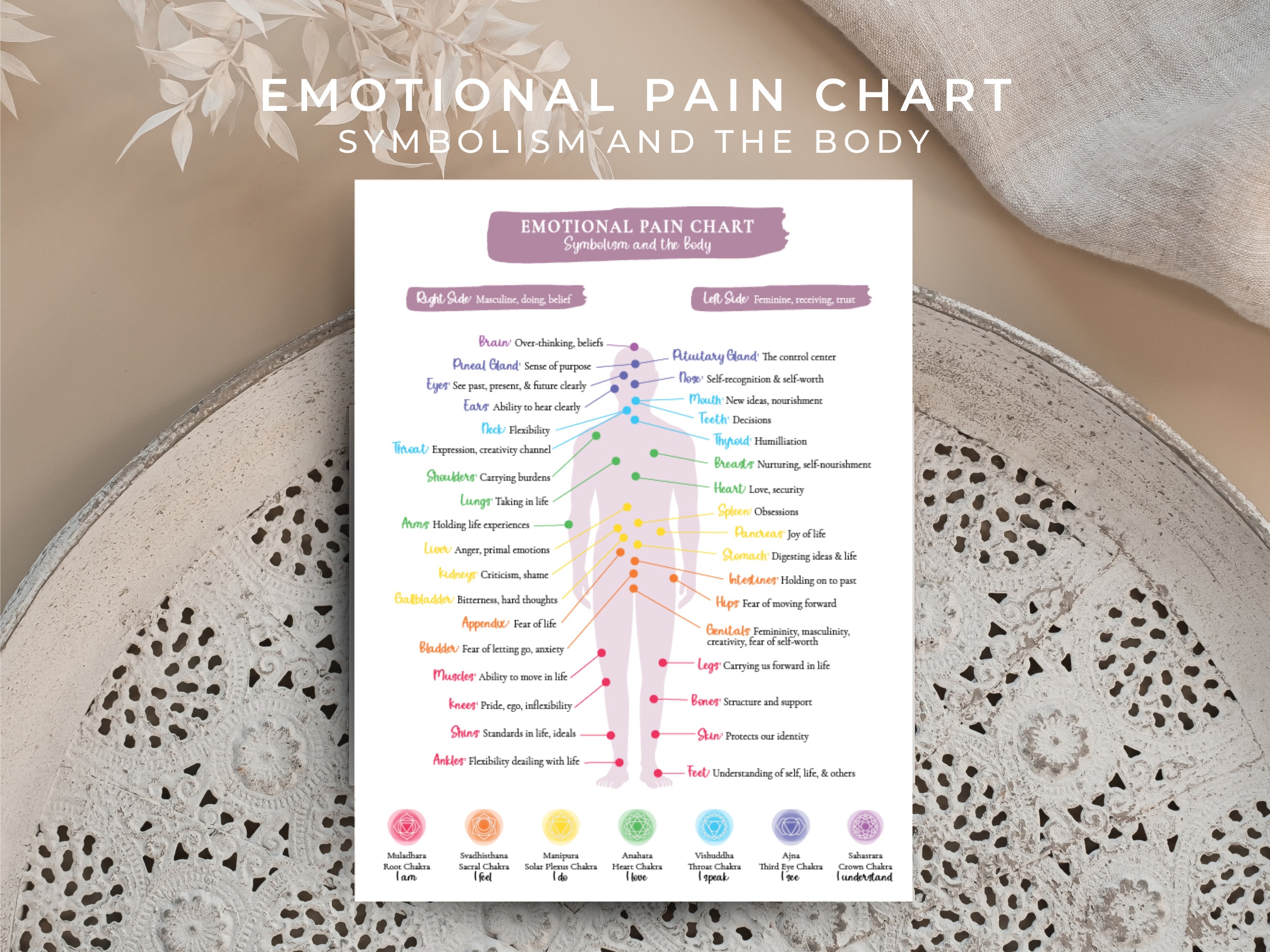 Emotional Pain Chart, Illness and Our Inner Selves, Body Symbolism, Reiki Teaching Printable
