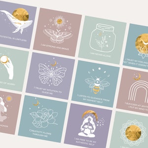 May include: A set of 12 affirmation cards with gold foil accents and illustrations of a whale, butterfly, jar, bee, moon, flower, and a woman meditating. The cards feature positive affirmations such as "Potential is limitless", "I am strong and brave", "I am never alone", "I trust my intuition to guide me", "I listen to guidance from my highest self", "I succeed at anything I put my mind to", "Free of worry", "Creativity flows through me", "I am free to be my authentic self", and "I trust my feelings, even when it doesn't feel good".