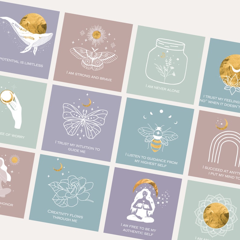 May include: A set of 12 affirmation cards with gold foil accents and illustrations of a whale, butterfly, jar, bee, moon, flower, and a woman meditating. The cards feature positive affirmations such as "Potential is limitless", "I am strong and brave", "I am never alone", "I trust my intuition to guide me", "I listen to guidance from my highest self", "I succeed at anything I put my mind to", "Free of worry", "Creativity flows through me", "I am free to be my authentic self", and "I trust my feelings, even when it doesn't feel good".