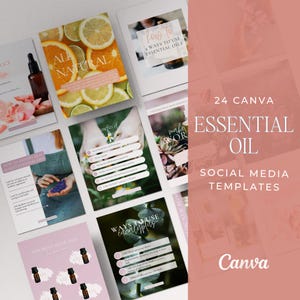 Op de afbeelding: Een set van 24 Canva social media-sjablonen voor etherische oliën. De sjablonen bevatten een verscheidenheid aan ontwerpen, waaronder afbeeldingen van citroenen, lavendel en eucalyptus. De tekst op de sjablonen bevat zinnen als "Alles Natuurlijk", "Voordelen van Eucalyptus" en "Hoe etherische oliën te gebruiken".