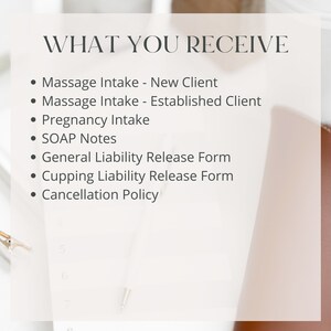 K&ouml;nnte beinhalten: Ein wei&szlig;er Hintergrund mit schwarzem Text, der die Formulare und Dokumente auflistet, die zu einer Massage geh&ouml;ren. Der Text lautet "WHAT YOU RECEIVE" gefolgt von einer Aufz&auml;hlung: "Massage Intake - New Client", "Massage Intake - Established Client", "Pregnancy Intake", "SOAP Notes", "General Liability Release Form", "Cupping Liability Release Form" und "Cancellation Policy".