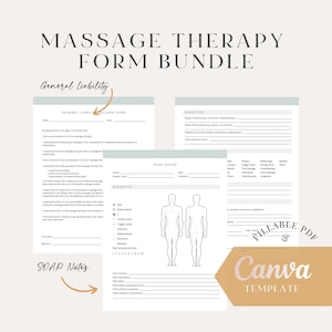 K&ouml;nnte beinhalten: Ein druckbares Massagetherapie-Formularpaket mit einem allgemeinen Haftungsfreistellungsformular, SOAP-Notizen und einem subjektiven Abschnitt. Die Formulare sind f&uuml;r die Verwendung mit Canva konzipiert und sind ausf&uuml;llbar.