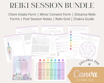 Reiki Session Form Bundle, Reiki Intake Form, Distant Reiki Form, Reiki Post-Session Form, Reiki Minor Consent Form, Chakra Guide, Editable