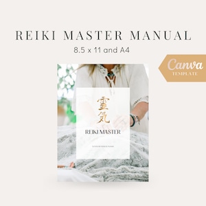 Puede incluir: Una portada de manual Reiki Master blanca y dorada con una foto de una persona dando un tratamiento Reiki. La portada incluye los caracteres japoneses para Reiki, "霊気", y el texto "Reiki Master".