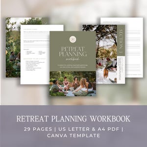 Pode incluir: Um Workbook de Planejamento de Retiro com uma capa verde e o título "Retreat Planning Workbook". O workbook inclui imagens de pessoas reunidas ao ar livre. O texto na parte inferior diz "29 páginas | US Letter & A4 PDF | Canva Template".