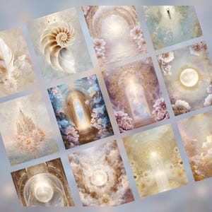 May include: A set of twelve art prints displaying ethereal, dreamlike scenes. The prints feature a range of imagery, including a nautilus shell, a feather, architectural elements, and celestial bodies, all in soft pastel colours with floral accents.