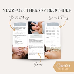 May include: A brochure for a massage therapy business. The brochure is divided into two sections: Benefits of Massage and Services & Pricing. The Benefits of Massage section lists the benefits of massage therapy, including reducing pain and stress, improving circulation and immune function, and lowering heart rate and blood pressure. The Services & Pricing section lists the different types of massage therapy offered, including deep tissue massage, Swedish massage, prenatal massage, and cupping. The brochure also includes pricing information for each type of massage therapy.