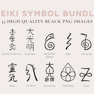 Puede incluir: Un conjunto de 10 símbolos Reiki en blanco y negro, que incluyen Hon Sha Ze Sho Nen, Dai Ko Myo, Dai Ko Myo tibetano, Raku, Cho Ku Rei, Reiki, Sei He Ki, Dai Koo Myo, Llama Violeta y Zonar. Los símbolos están dibujados en un estilo simple y minimalista.