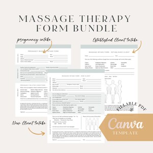 K&ouml;nnte beinhalten: Ein Satz von drei druckbaren Massagetherapie-Aufnahmeformularen f&uuml;r neue und bestehende Kunden, einschlie&szlig;lich eines Schwangerschaftsaufnahmeformulars. Die Formulare sind in einem minimalistischen Stil mit hellgrauem Hintergrund und braunem Text gestaltet. Die Formulare sind mit "Neue Kundenaufnahme", "Etablierte Kundenaufnahme" und "Schwangerschaftsaufnahme" beschriftet.