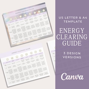 May include: Two printable energy clearing guides with a white background and a rainbow gradient overlay. The guides are divided into columns with headings for White Sage, Palo Santo, Incense, Herbs & Resins, Essential Oils, Salt, and Crystals. Each column lists different types of energy clearing tools and their uses.