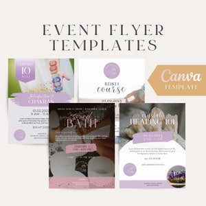 Puede incluir: Un conjunto de cuatro folletos de eventos con un esquema de color morado y rosa. Los folletos anuncian un curso de Reiki, un baño de sonido, una introducción a los chakras y un taller de sanación con cristales. Cada folleto incluye la fecha, la hora y la ubicación del evento.