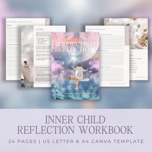 May include: A workbook titled "Inner Child Reflection Workbook" with a watercolor illustration of a person on a swing in front of a moon and clouds. The workbook is surrounded by pages with text and illustrations. The bottom of the image has the text "24 pages | US Letter & A4 Canva Template."