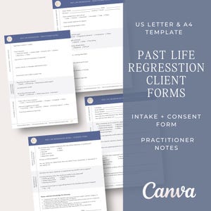 Peut inclure: Ensemble de formulaires imprimables bleus et blancs pour la régression de vies antérieures, comprenant les notes d'admission, de consentement et du praticien. Les formulaires sont étiquetés "US Letter & A4 Template". Le logo Canva est visible.
