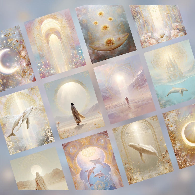 May include: A set of twelve art prints with a dreamy, ethereal aesthetic. The prints feature soft pastel hues, celestial motifs such as moons and suns, and figures in flowing robes. Whales and dolphins are also depicted.