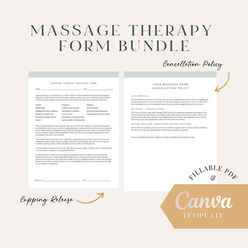 K&ouml;nnte beinhalten: Eine druckbare PDF-Vorlage f&uuml;r Massagetherapie-Formulare. Die Vorlage enth&auml;lt eine Stornierungsrichtlinie und ein Formular zur Freigabe der Schr&ouml;pftherapie. Die Vorlage ist f&uuml;r die Verwendung mit Canva konzipiert und als ausf&uuml;llbares PDF zum Download verf&uuml;gbar.