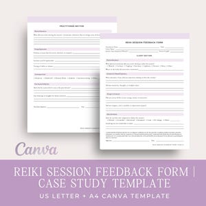 Könnte beinhalten: Ein Reiki-Sitzungs-Feedback-Formular und eine Fallstudienvorlage in den Formaten US Letter und A4 Canva. Die Formulare sind weiß mit Lavendelakzenten und enthalten Abschnitte für Informationen zu Praktizierenden und Klienten.