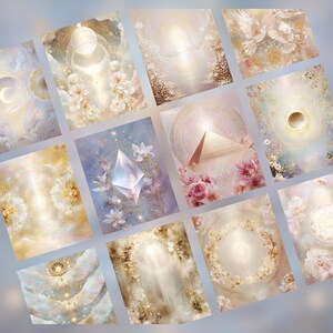 May include: A set of twelve art prints with ethereal illustrations. Each print features soft pastel colours, celestial elements, flowers, and geometric shapes. The overall theme is spiritual and artistic.