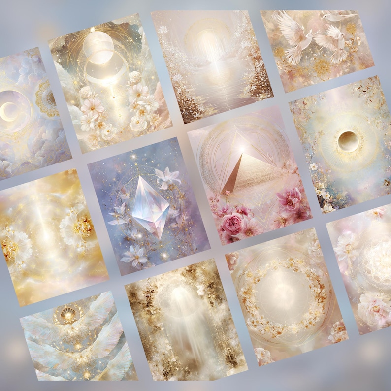 May include: A set of twelve art prints with ethereal illustrations. Each print features soft pastel colours, celestial elements, flowers, and geometric shapes. The overall theme is spiritual and artistic.