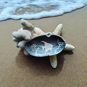 May include: A painted seashell with a white fish silhouette and coral designs inside. The shell is surrounded by a starfish and coral, placed on a sandy beach near the sea.