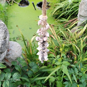 May include: A white seashell wind chime hanging from a brown rope. The wind chime is made of various sized seashells and is hanging in a garden setting.