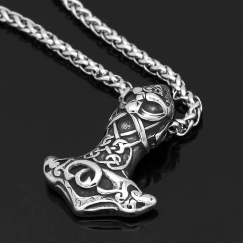 Nordic Viking Mjolnir Stainless Steel Thor Face Hammer Amulet Necklace For Men With Valknut Gift Bag
