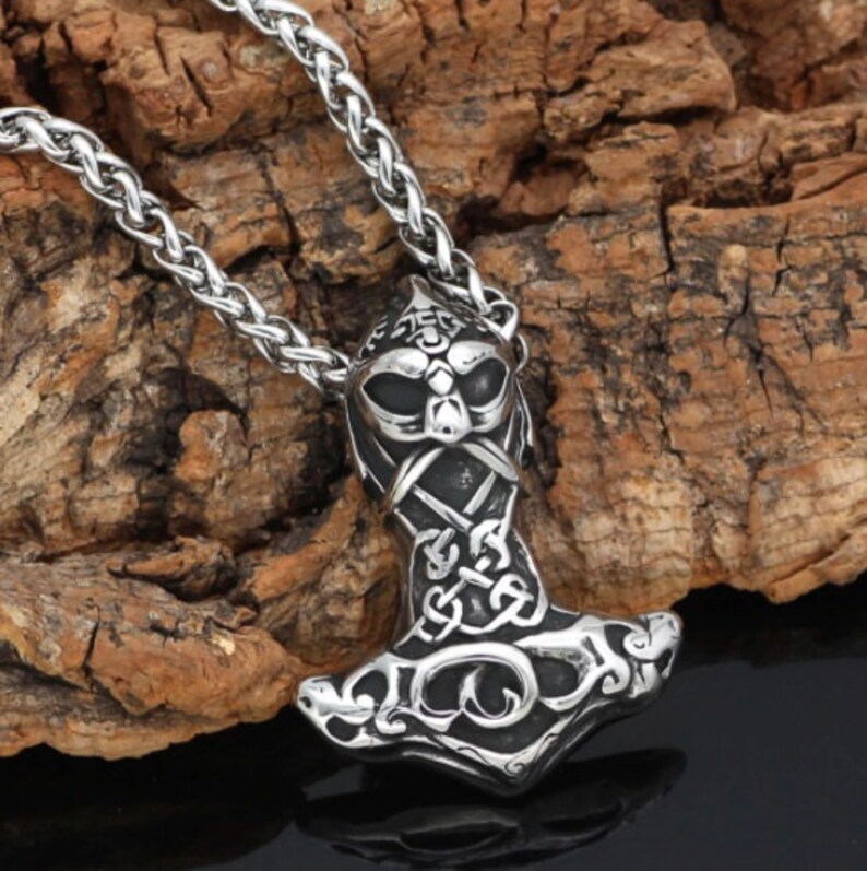 Nordic Viking Mjolnir Stainless Steel Thor Face Hammer Amulet Necklace For Men With Valknut Gift Bag