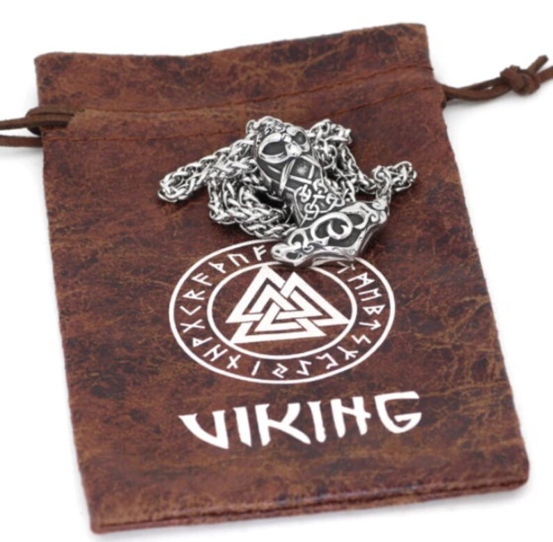 Nordic Viking Mjolnir Stainless Steel Thor Face Hammer Amulet Necklace For Men With Valknut Gift Bag