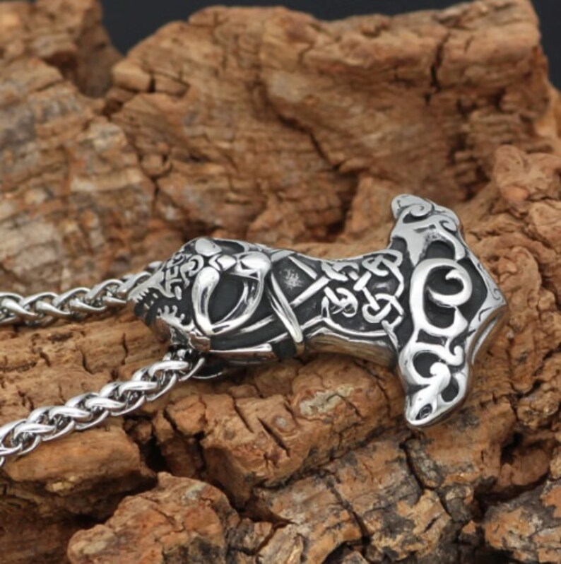 Nordic Viking Mjolnir Stainless Steel Thor Face Hammer Amulet Necklace For Men With Valknut Gift Bag