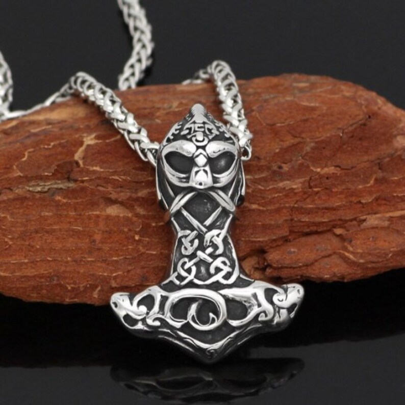Nordic Viking Mjolnir Stainless Steel Thor Face Hammer Amulet Necklace For Men With Valknut Gift Bag