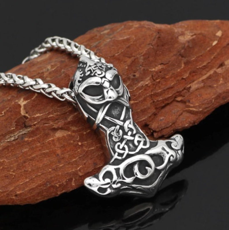 Nordic Viking Mjolnir Stainless Steel Thor Face Hammer Amulet Necklace For Men With Valknut Gift Bag