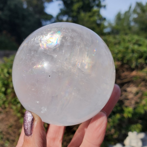 White Optical Rainbow Calcite Crystal Sphere Flashes 564 Grams | 73mm | 1lbs 4oz