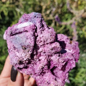Könnte beinhalten: Nahaufnahme eines rauen, strukturierten, violetten Mineralexemplars. Das Mineral hat eine kristalline Struktur mit Lavendel- und Weißtönen. Der Hintergrund ist verschwommenes grünes Laub.
