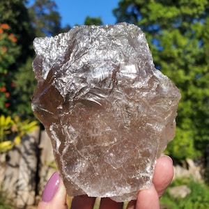 May include: A rough, translucent smoky quartz crystal with a natural, irregular shape. The crystal has a light brown color and a textured surface, reflecting light. The background features green foliage and a blue sky.