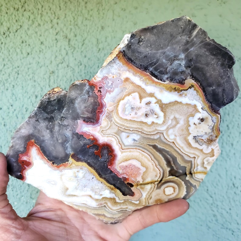May include: A polished slab of agate stone featuring intricate, concentric banding in shades of charcoal gray, cream, white, and deep rust red. The mineral specimen displays a natural, irregular shape with a smooth, glossy surface texture.