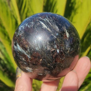 Arfvedsonite Quartz Crystal Sphere with Red Garnet - 67mm