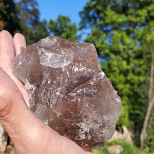 May include: A rough, brown smoky quartz crystal is held in a hand. The crystal has a translucent appearance with visible internal structures and a slightly reflective surface. The background features green foliage and a blue sky.