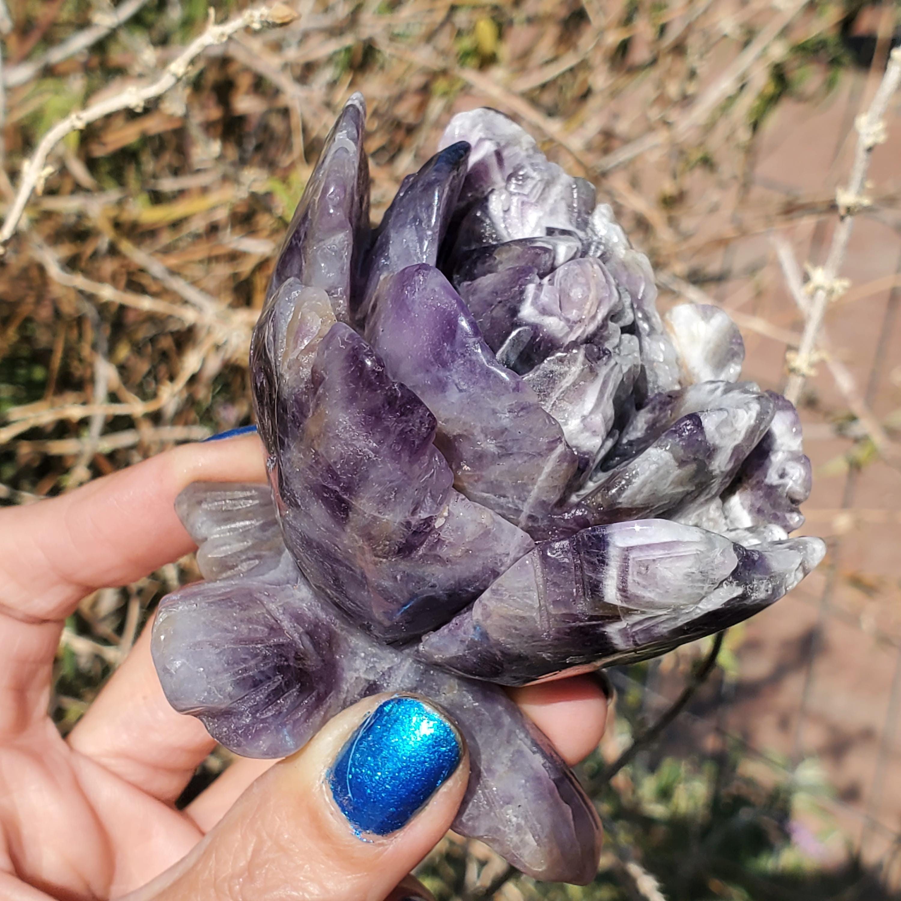 クォーツ　梟　フラワーアメシスト Dream Amethyst Rose Flower Hand Made Healing Crystal Stone Carving