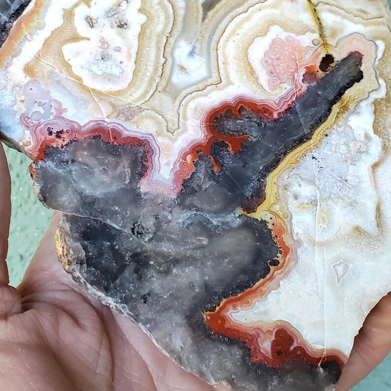May include: A polished agate slab featuring concentric bands of white, cream, and translucent gray, accented by vibrant red and orange layers. The stone displays a natural crystalline texture with a dark, smoky gray center and intricate mineral patterns.