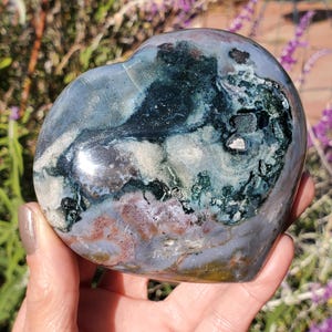 Ocean Jasper Sea Heart Carving Blue Pastel Lilac Translucent 372 Grams